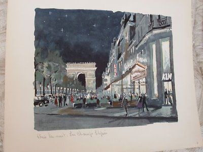 Herbelot Watercolor Lithographs Signed   Les Champs Elysees la Nuit