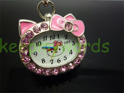 Hello Kitty Pink Crystal Stone Necklace Pendant Pocket Watch & Free 
