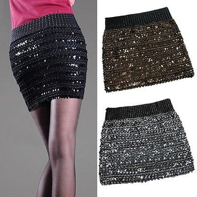   Glitter Sequin BodyCon Panel Party Mini Skirt 3 Col Selectable–S/M