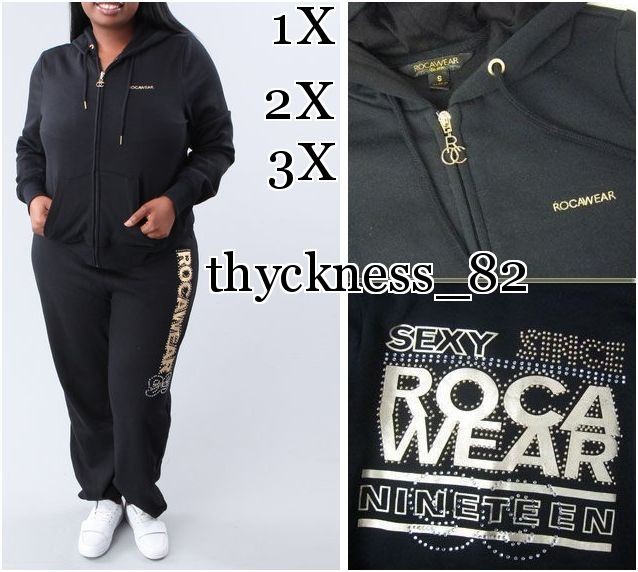 WOMENS BLACK ROCAWEAR SET HOODIE PANTS SWEATSUIT 1X 14/16 2X 18/20 3X 