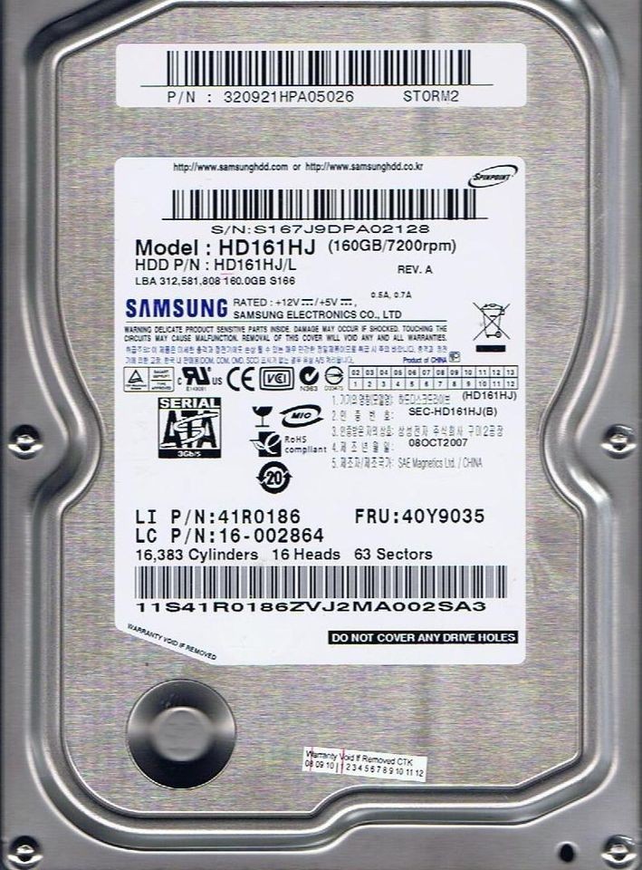 0358 samsung hd161hj 160gb sata p n 320921hpa05026 from australia