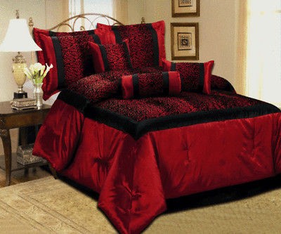 NEW LEOPARD BLACK RED COMFORTER SET FLOCK SATIN BEDDING Queen, King 