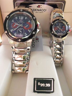   FINE QUALITY MENS & WOMAN MATCHING WATCH SET SILVER METAL SCREW BEZEL