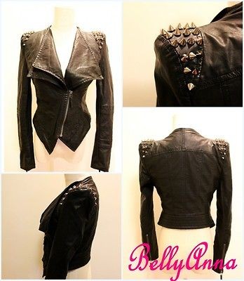 Vtg Women Rock Punk Rivets Studded PU Leather Motorcycle Moto Jacket 