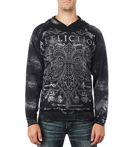 AFFLICTION MENS PANORAMIC P/O HOODY BLACK BRUSH BLEACH WASH