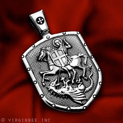 ST.GEORGE ON HORSE KILLS DRAGON SHIELD CROSS MEDAL STERLING 925 SILVER 