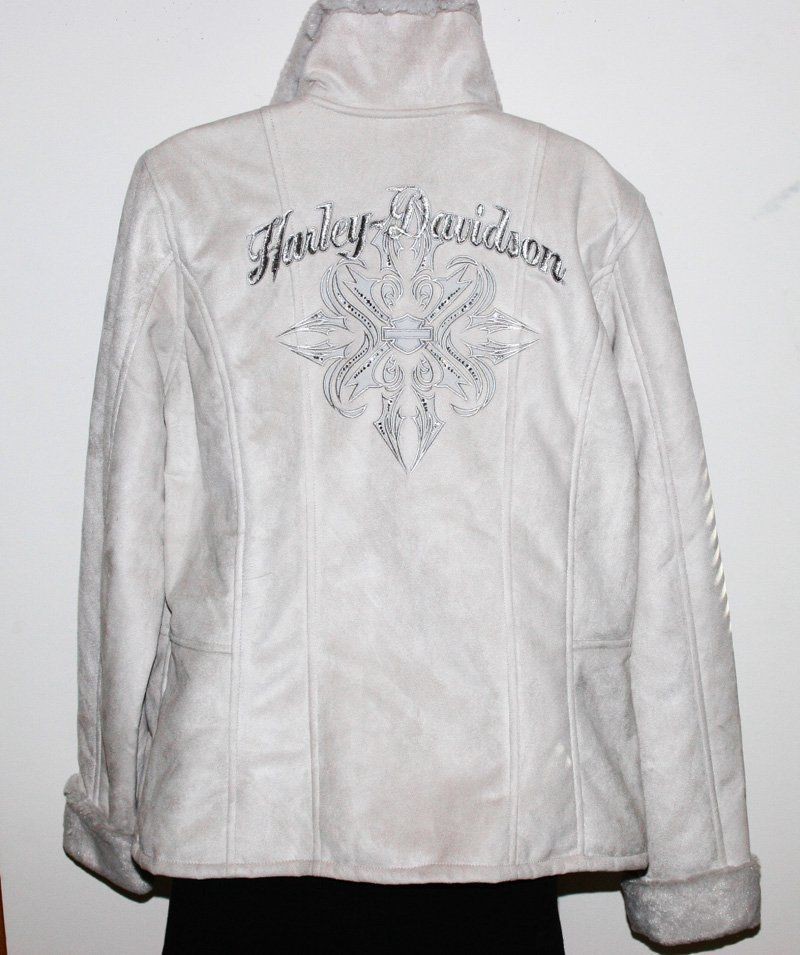   Davidson Womens Jacket Off White Faux Shearling Emb Design Bling XL