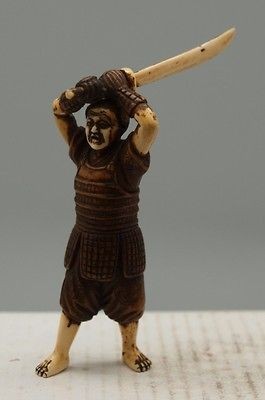Japanese Hand Carved Wooden Netsuke   Samurai Warrior   Signed