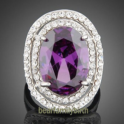 18K white gold GP Swarovski crystal & amethyst big finger ring 1775