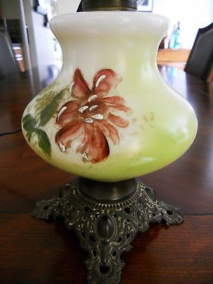 Antique or Vintage Handpainted Floral Milk Glass Cast Iron Base Parlor 