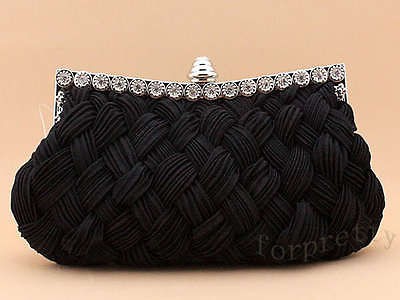 Satin Diamond Braided Bridal Clutch Evening Bag Handbag black BbzC