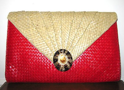 Seashell Two tone Woven Straw Clutch Handbag Vintage Philippines LN L 