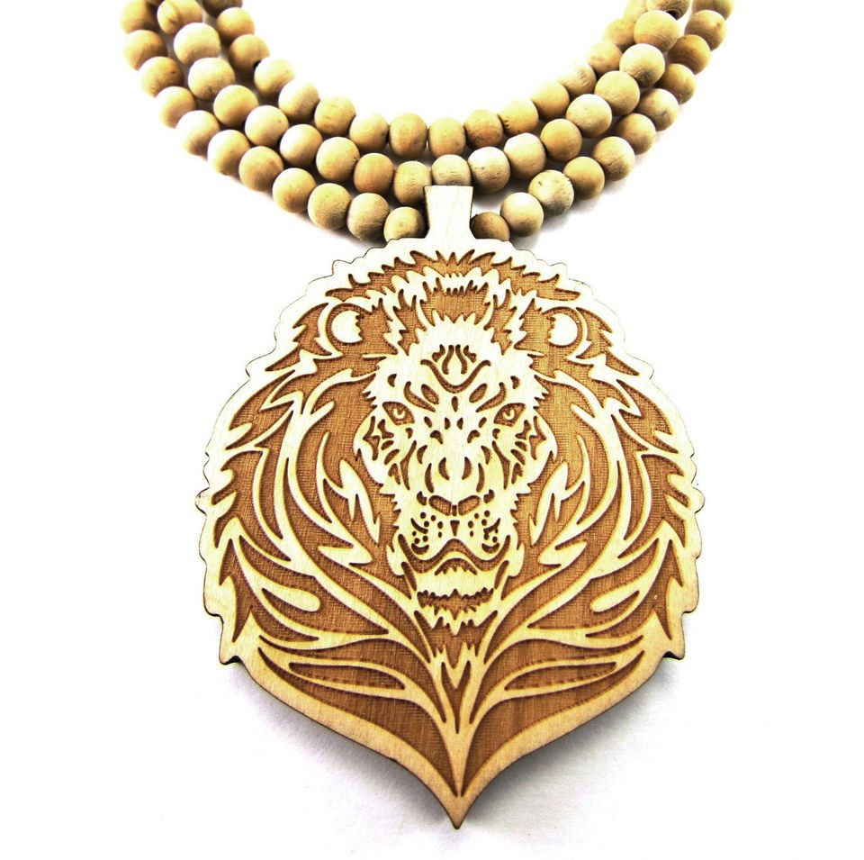 Wooden Sean Lion Zion Pendant Piece 36 Chain Bead Necklace Good 