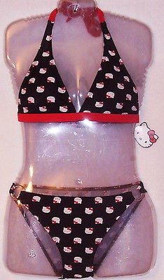   KITTY BLACK & RED KITTY FACES HALTER BIKINI BATHING SUIT SWIMSUIT S