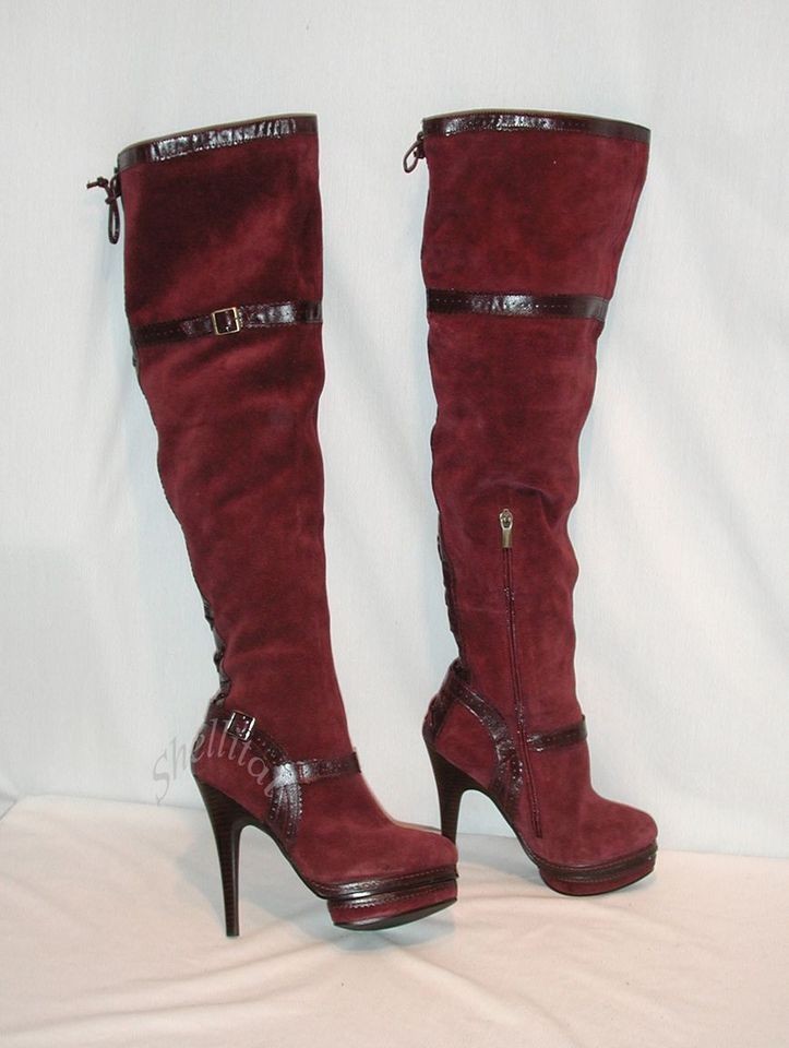 198 COLIN STUART SUEDE OVER THE KNEE PLATFORM BOOTS Berry 6.5