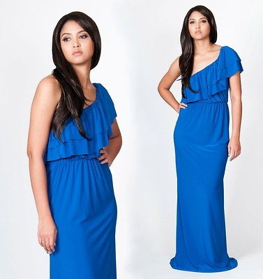 NEW Womens Cobalt Blue One Shoulder Frill Cocktail Plus Size Maxi 