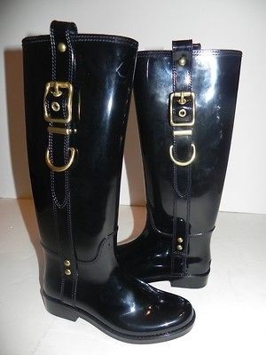 coach tasha black shiny riding rainboots size 5 new