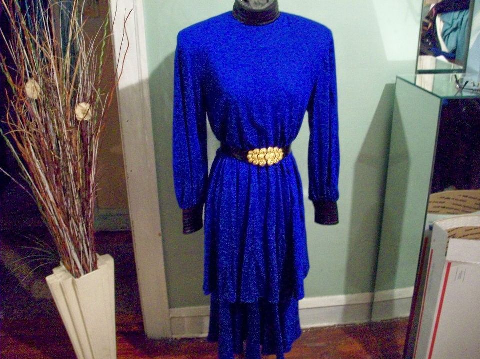 VINTAGE TIFFANI KIM BLUE WOOL & BLACK LEATHER TIER LAYER DRESS SIZE 4