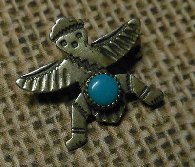 Vintage Sterling Silver Turquoise NAVAJO INDIAN EAGLE DANCER PIN 