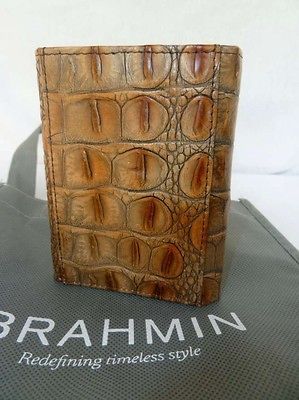 NWT BRAHMIN TRIFOLD MEN WALLET CROCC LEATHER + STORE TOTE BAG