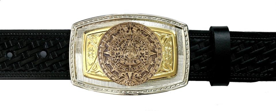 Aztec Sun Calendar Stone Medallion Buckle w/ Premium Quality Black 