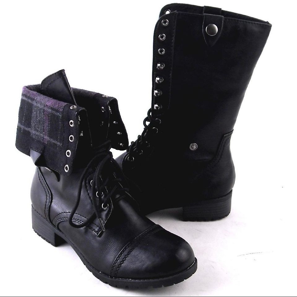 NEW WOMENS BLACK MIDCALF LACEUP OR FOLD DOWN COMBAT BOOTS SIZE 9