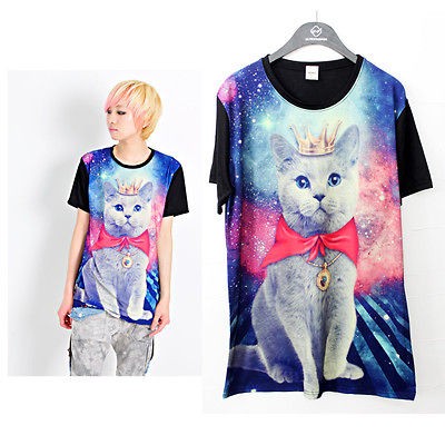 mens funny GRAPHIC galaxy stellar cat printing t shirts top SIZE M