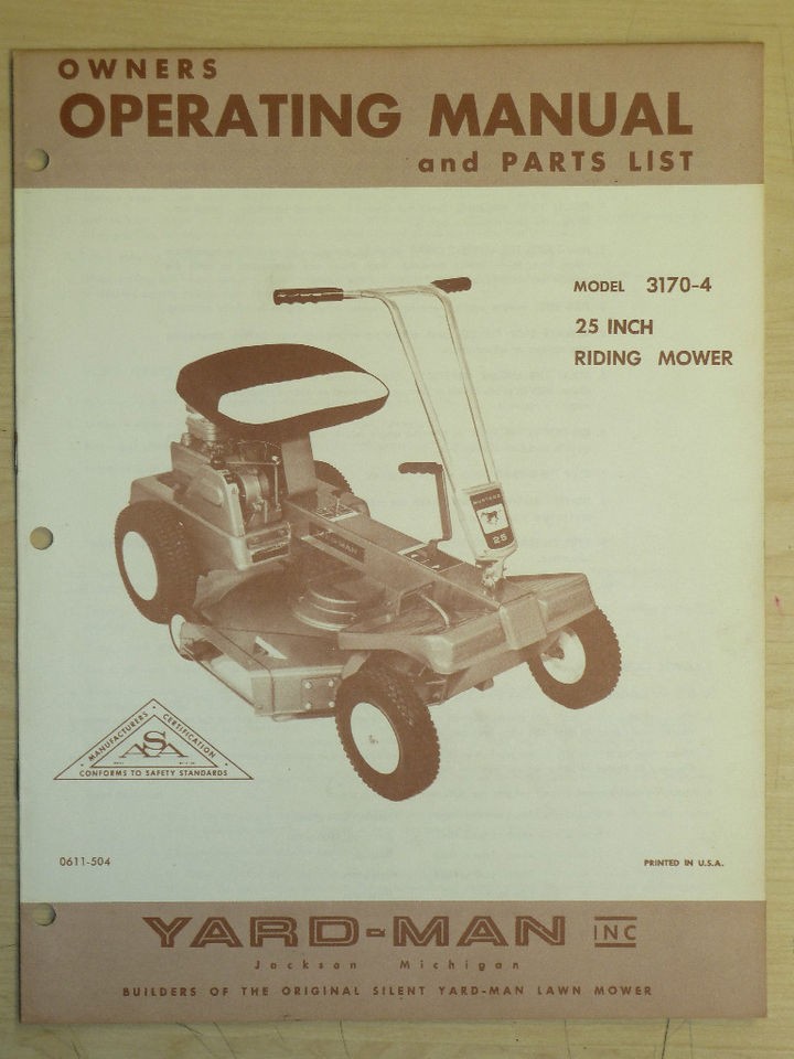 VINTAGE YARD MAN 25 RIDING MOWER OPERATING AND PARTS MANUAL MODEL 