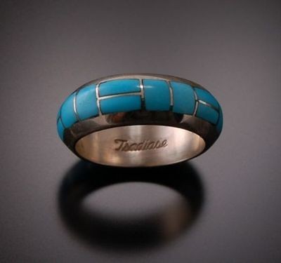 ZUNI TURQUOISE AND SILVER ~ Wedding BAND RING ~ by Tsadiase Size 