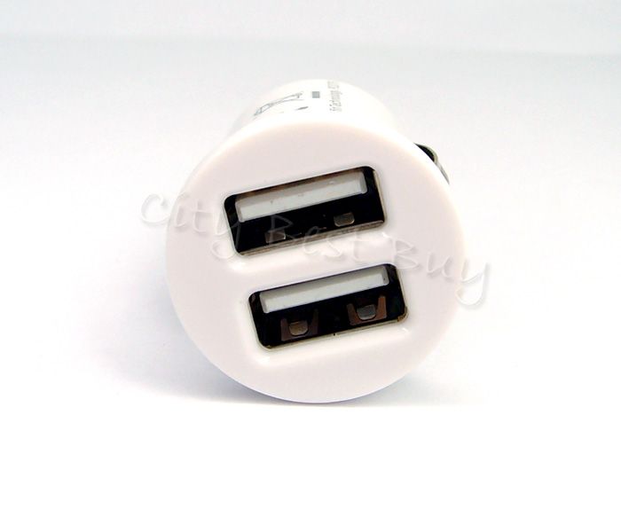 White 2 Port USB Car Charger Adaptor Mini Bullet Dual for iPhone 4 4G 