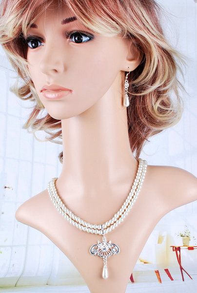 2line White Imitate Pearl Necklace Earring Set Bridal Women Rhinestone 