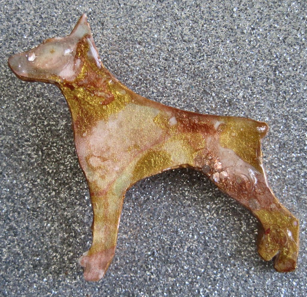   Pinscher #2 Swirls Gold Bronze Silhouette Puppy Dog Pin by Bren