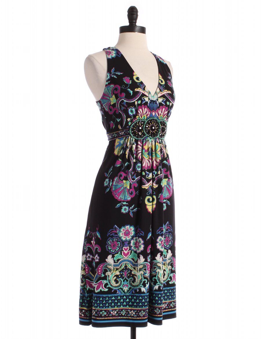 ECI by  Black Printed Jewel Belted Dress Sz 8 A Line