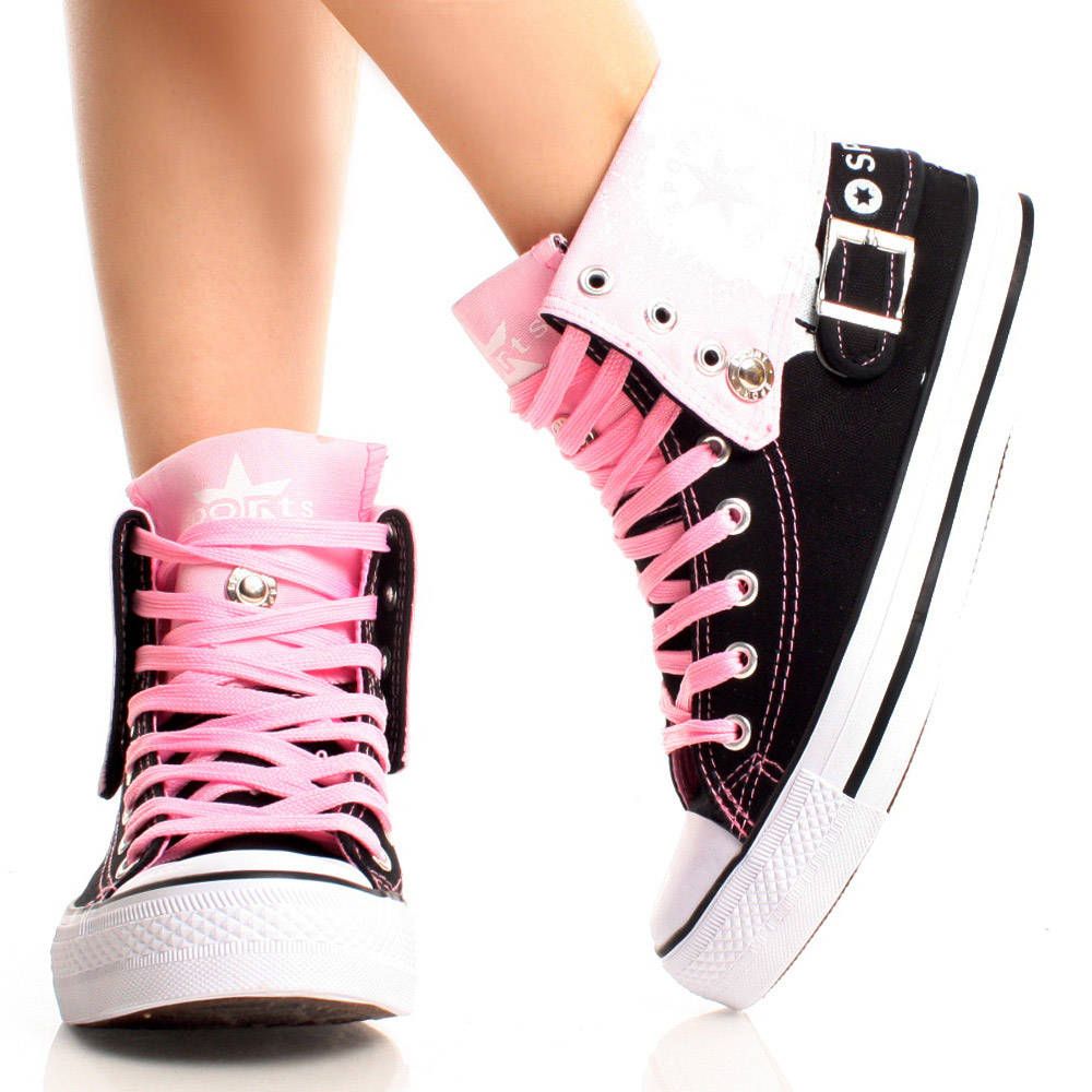 Black Pink Canvas Lace Up Graphic Print Women Sneaker Ankle Boots Size 