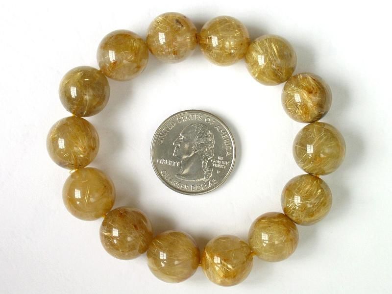 Gemstone Bracelet Gold Rutilated Quartz 14mm Round Stretch A+