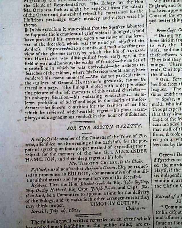 ALEXANDER HAMILTON vs. Aaron Burr DUEL 1804 Newspaper *