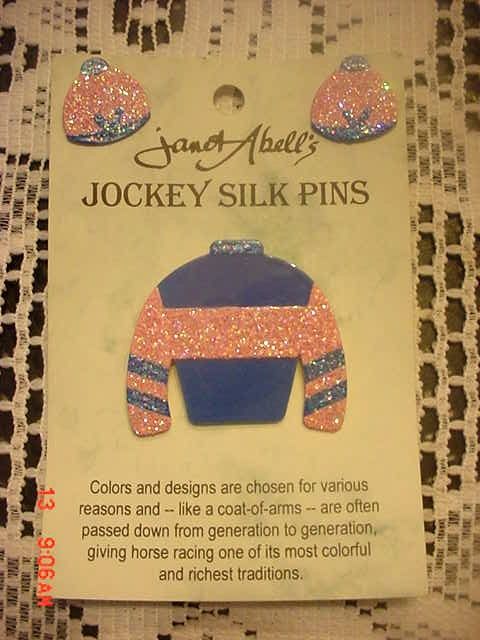 JANET ABELL JOCKEY SILKS PIN & EARRINGS W/ CARD