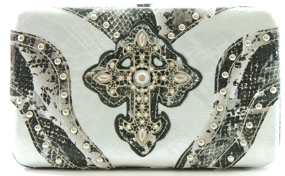 Silver Brilliant Western Python Snake Vintage Cross Clutch Checkbook 