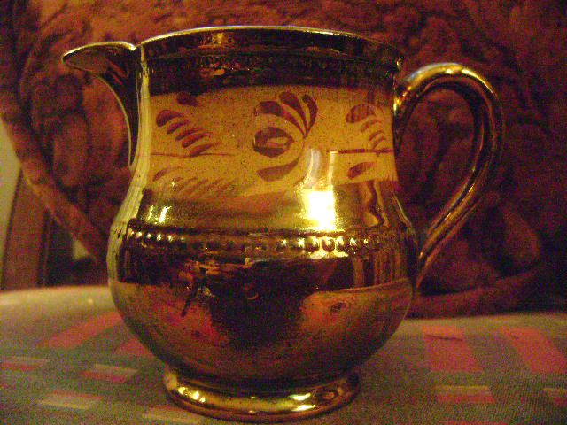 OLDER COPPER LUSTER PITCHER W/MANILLA RING & FEATHER STROKES