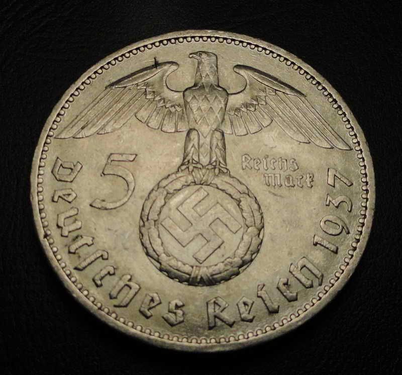   GERMANY 5 SILVER MARK COIN W NAZI SWASTIKA ADOLF HITLER REGIME ERA