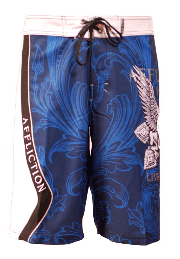 AFFLICTION TWIST BOARD SHORTS SKULL DAGGER BLUE WHITE TWO TONE