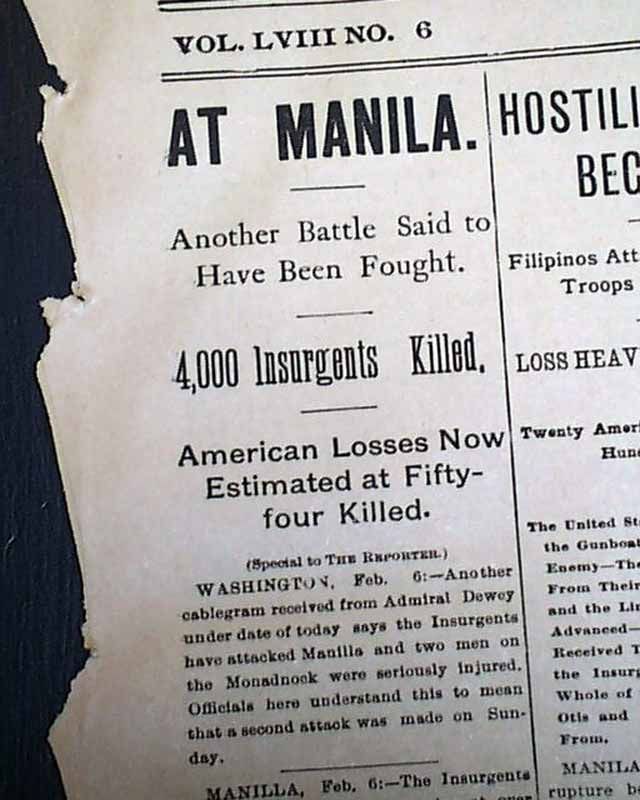 1899 Wellsville Newspaper Battle of Manila 1st Report Philippines 