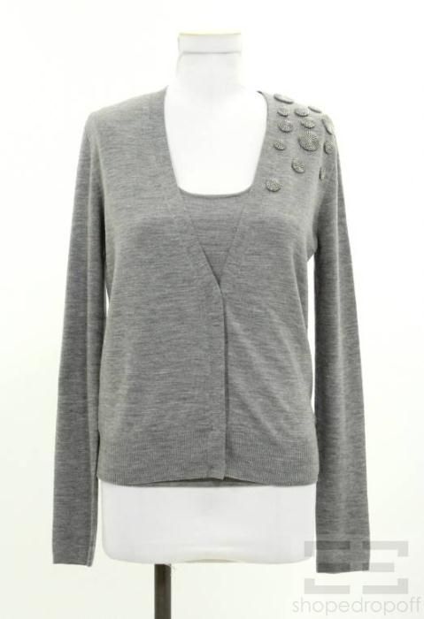 AKRIS Punto Grey Wool Silver Embellished Cardigan Shell Twinset Size 2 