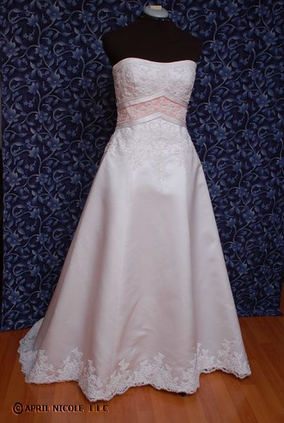 Alfred Angelo 1708 White Satin w/ Pink A line Beaded Wedding Dress 8 