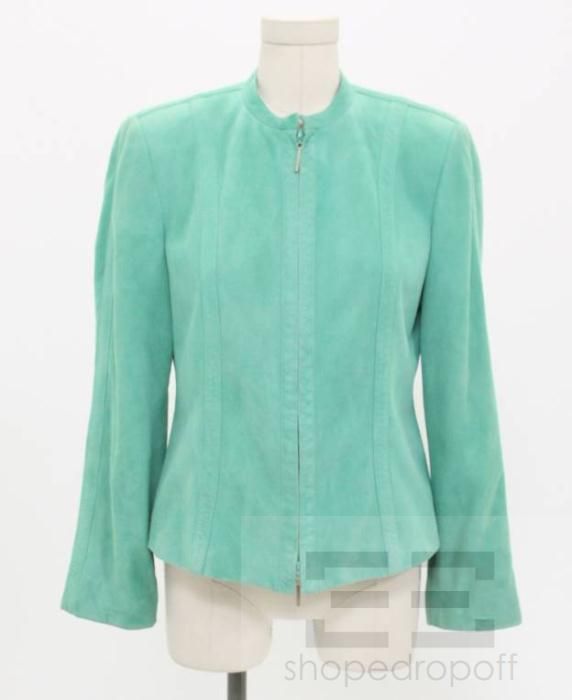 Linda Allard Ellen Tracy Mint Green Suede Zip Jacket Size 8 Petite 