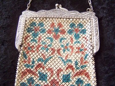 Vintage Mandalian Mesh Purse Cream Teal Maroon w Ornate Silvertone 