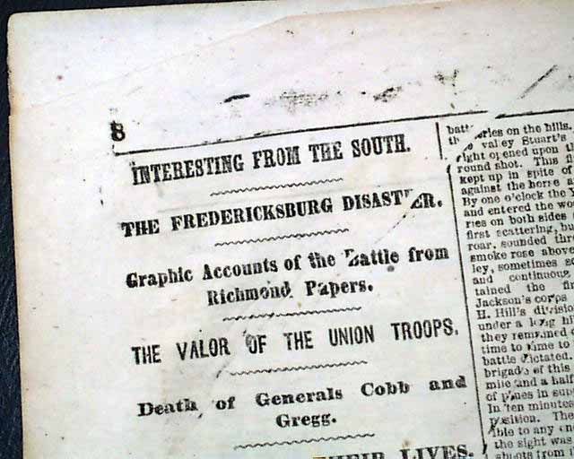   FREDERICKSBURG VA General Burnsides Loss 1862 NY Civil War Newspaper