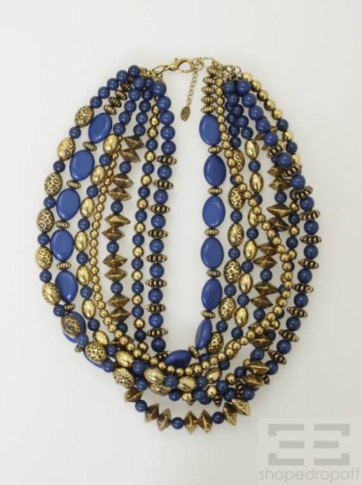 Amrita Singh Blue & Etched Gold Beaded Multi Strand Necklace