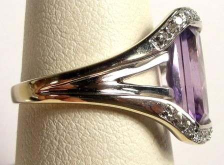 10K Gold Amethyst Ring Rectangle Diamond Size 7 White