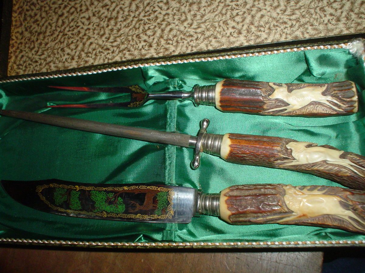 Three Piece Solingen Stainless German Cutlery Set Bone Antler Handel 